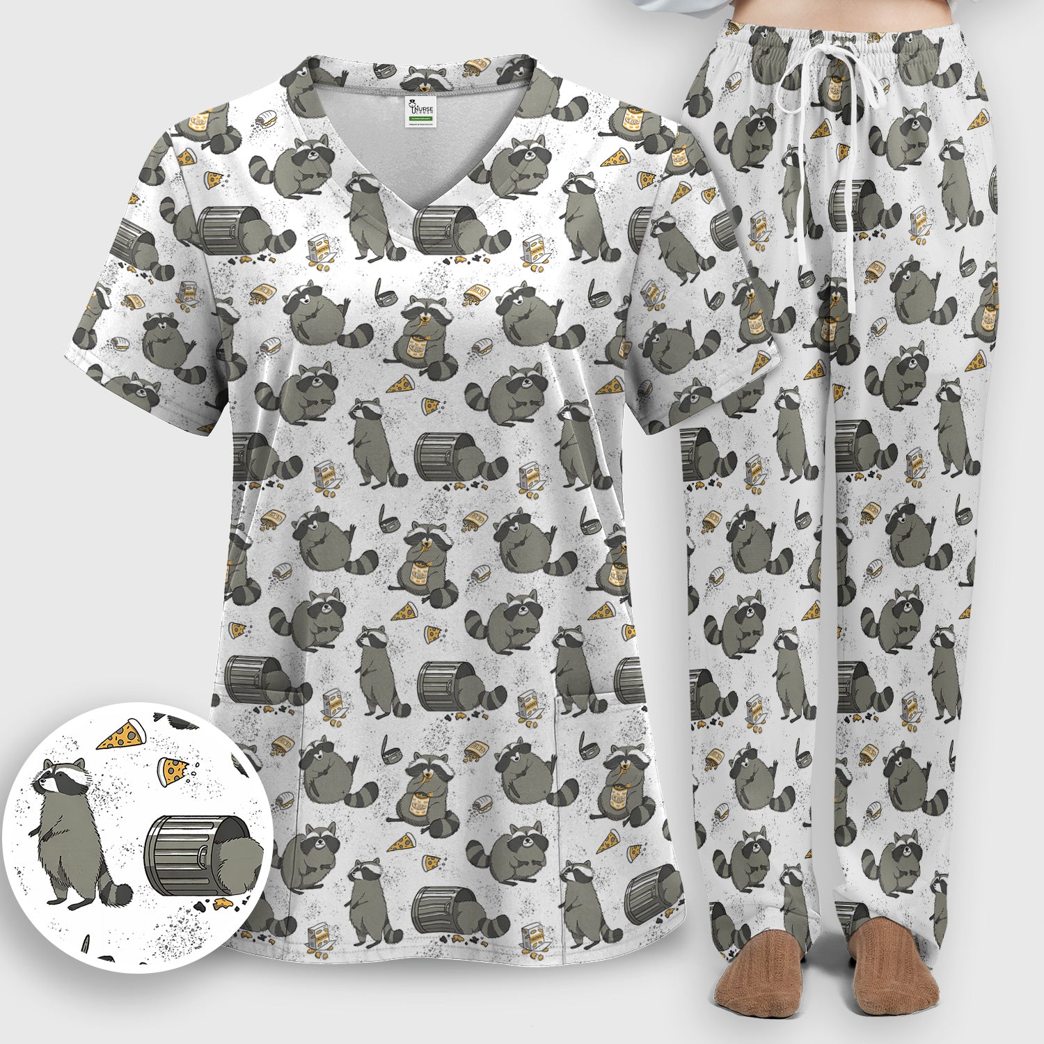 Raccoon Snack And Trash Can Pattern Scrub Set, Breathable Med Uniform