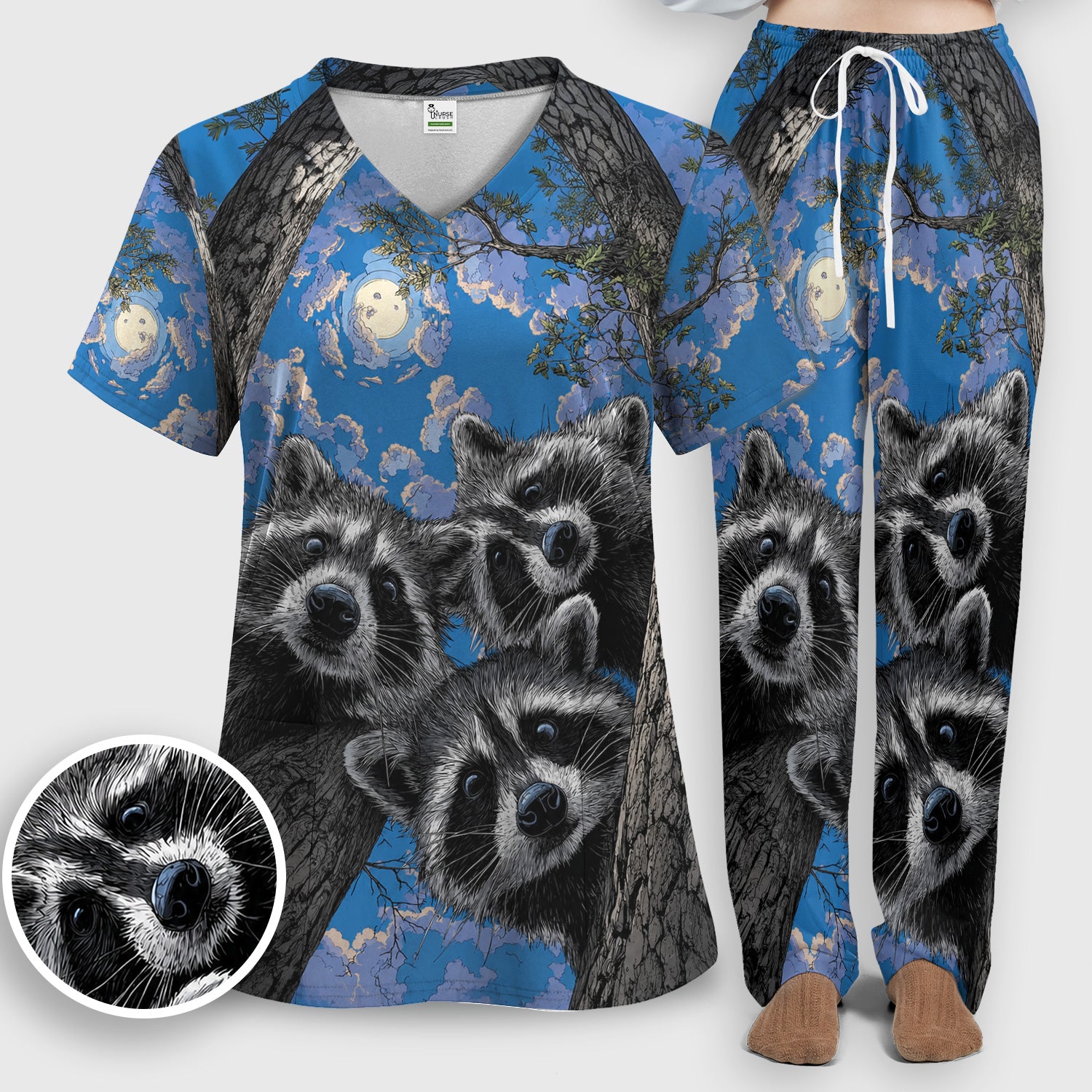 Cute Raccoon Tree Veterinary Pattern Scrub Set, Scrub Pants and V Neck Top