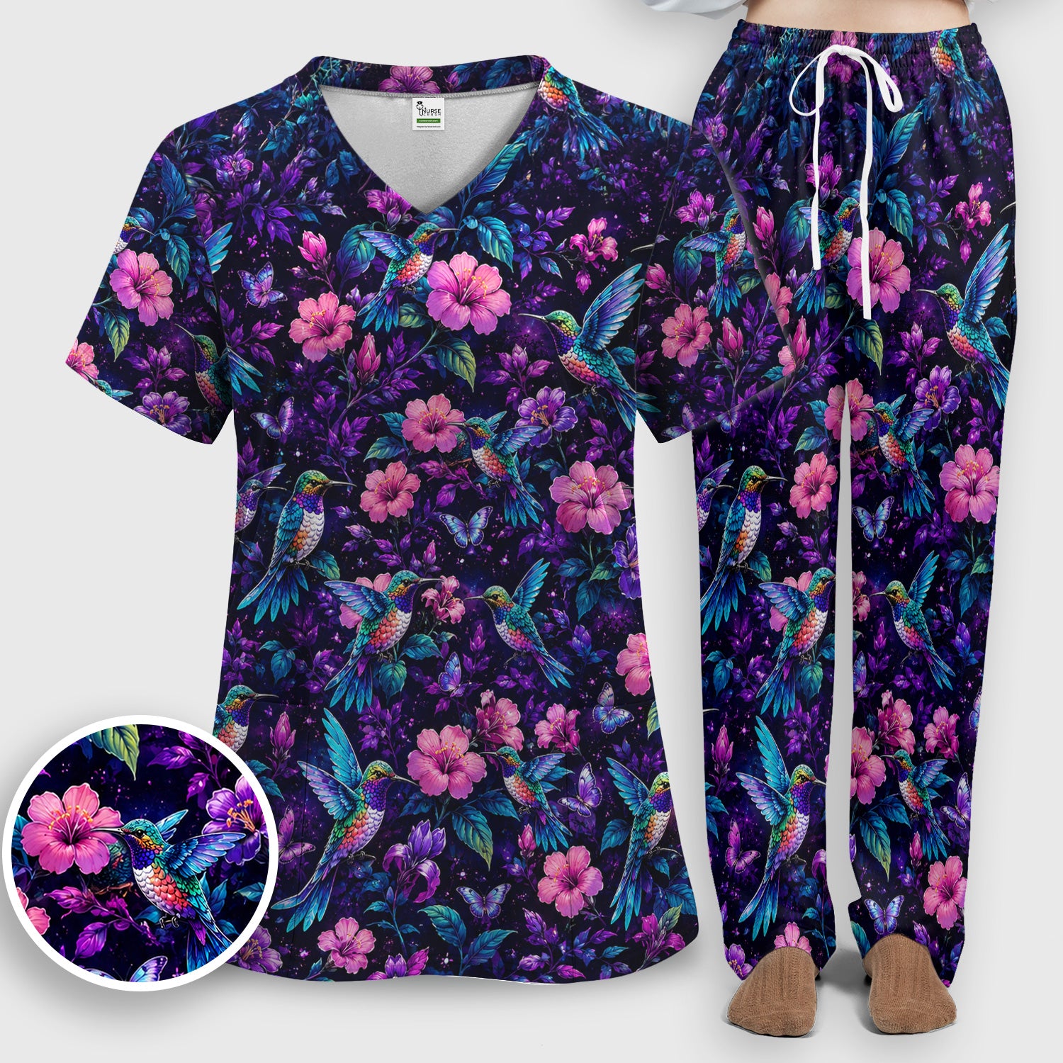 Vibrant Hummingbird Hibiscus Blossom Pattern Scrub Set, Scrub Pants and V Neck Top