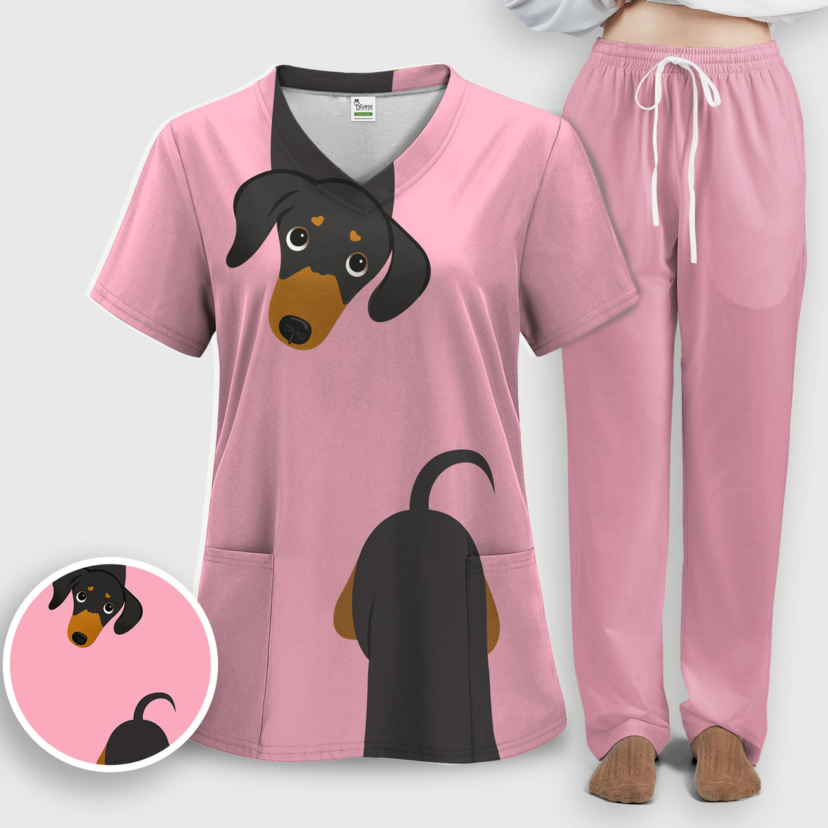 Cute Peekaboo Dachshund Dog Scrub Set, Scrub Pants and V Neck Top