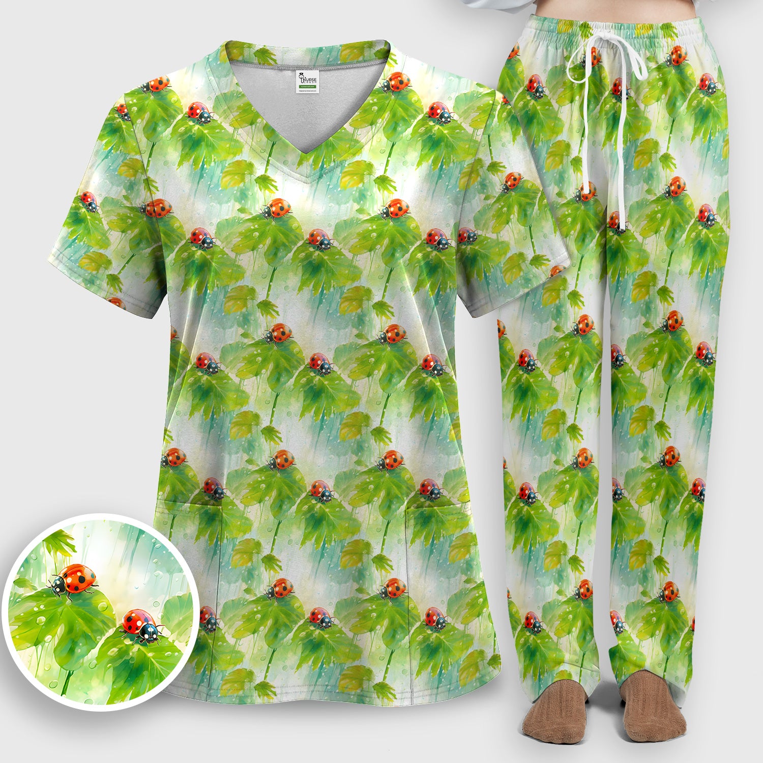 Ladybugs On Rainy Leaves Pattern Scrub Set, Scrub Pants and V Neck Top