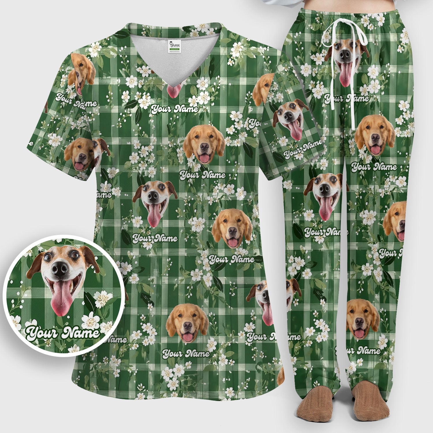 Custom Dog Face Scrub Set, Dog Green Plaid Floral Pattern Shirt, Scrub Pants and V Neck Top
