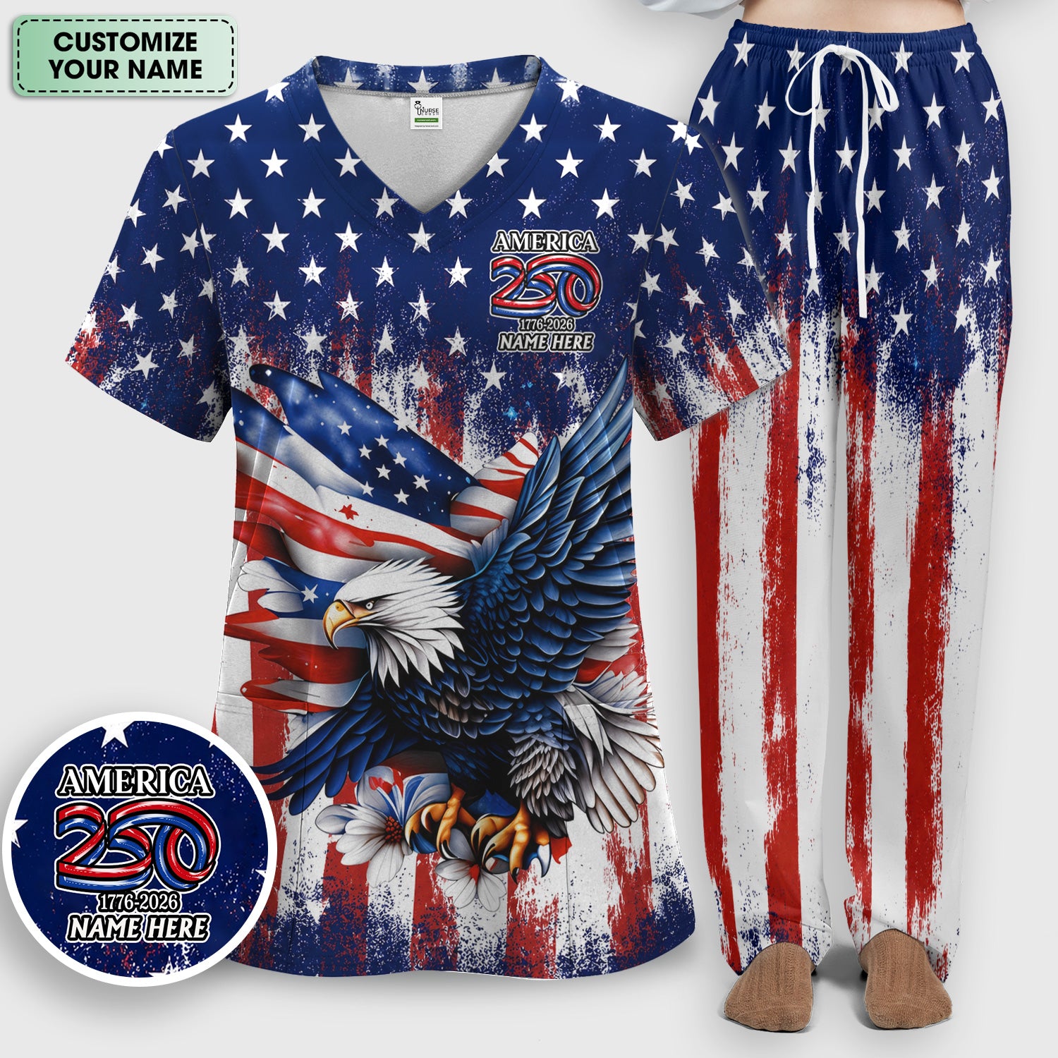 Personalized Patriotic Eagle Flag Pattern Scrub Set, Scrub Pants and V Neck Top
