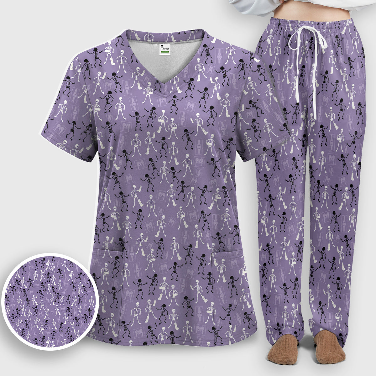 Halloween Orthopedic Skeleton Scrub Set, Scrub Pants and V Neck Top for Orthopedic Nurses