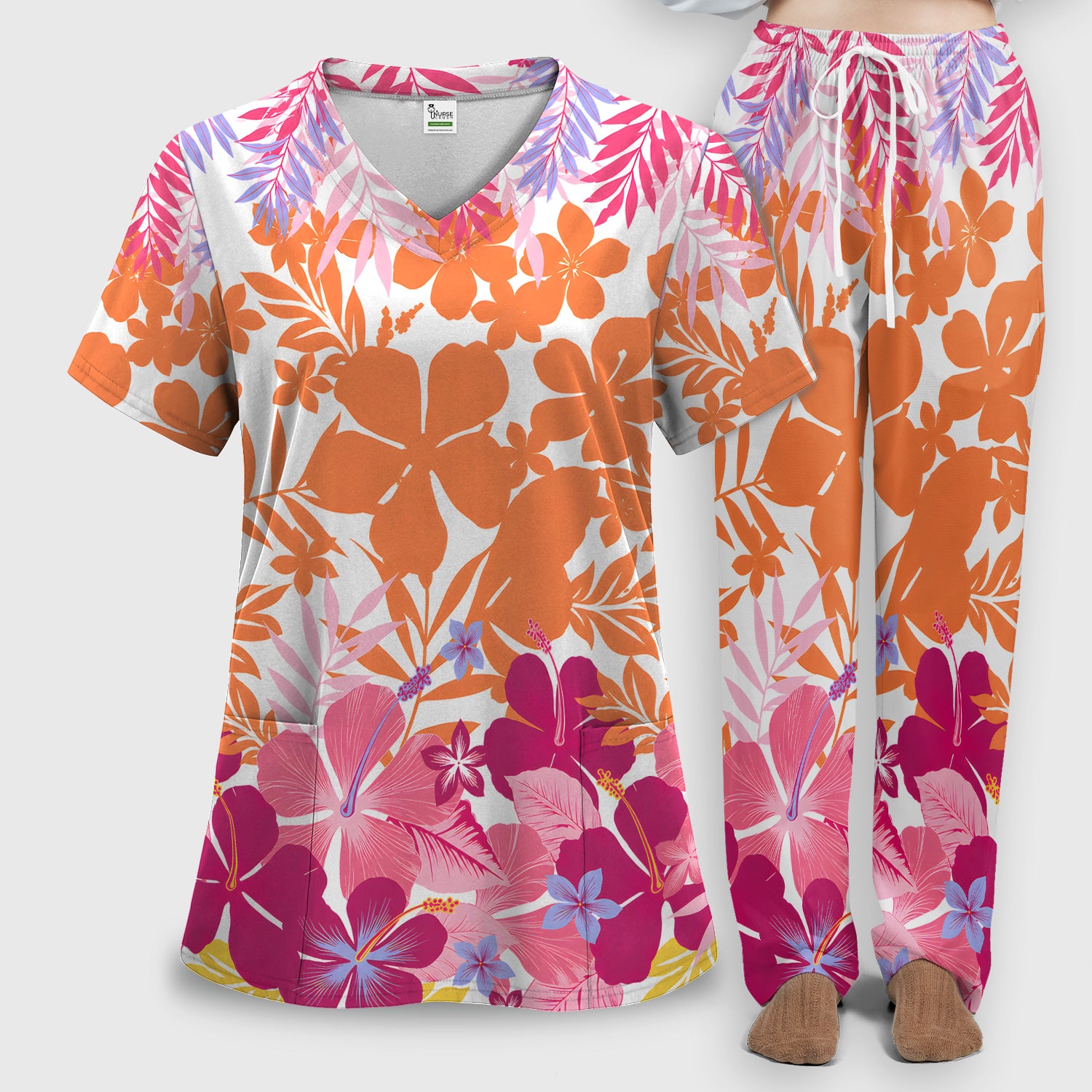 Cheerful Tropical Hibiscus Bloom Pattern Scrub Set, Scrub Pants and V Neck Top