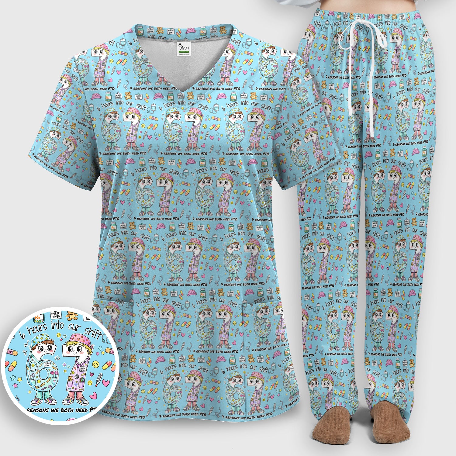 Cartoon Characters Six Hours Into Shift With Medical Doodle Scrub Set, Breathable Med Uniform