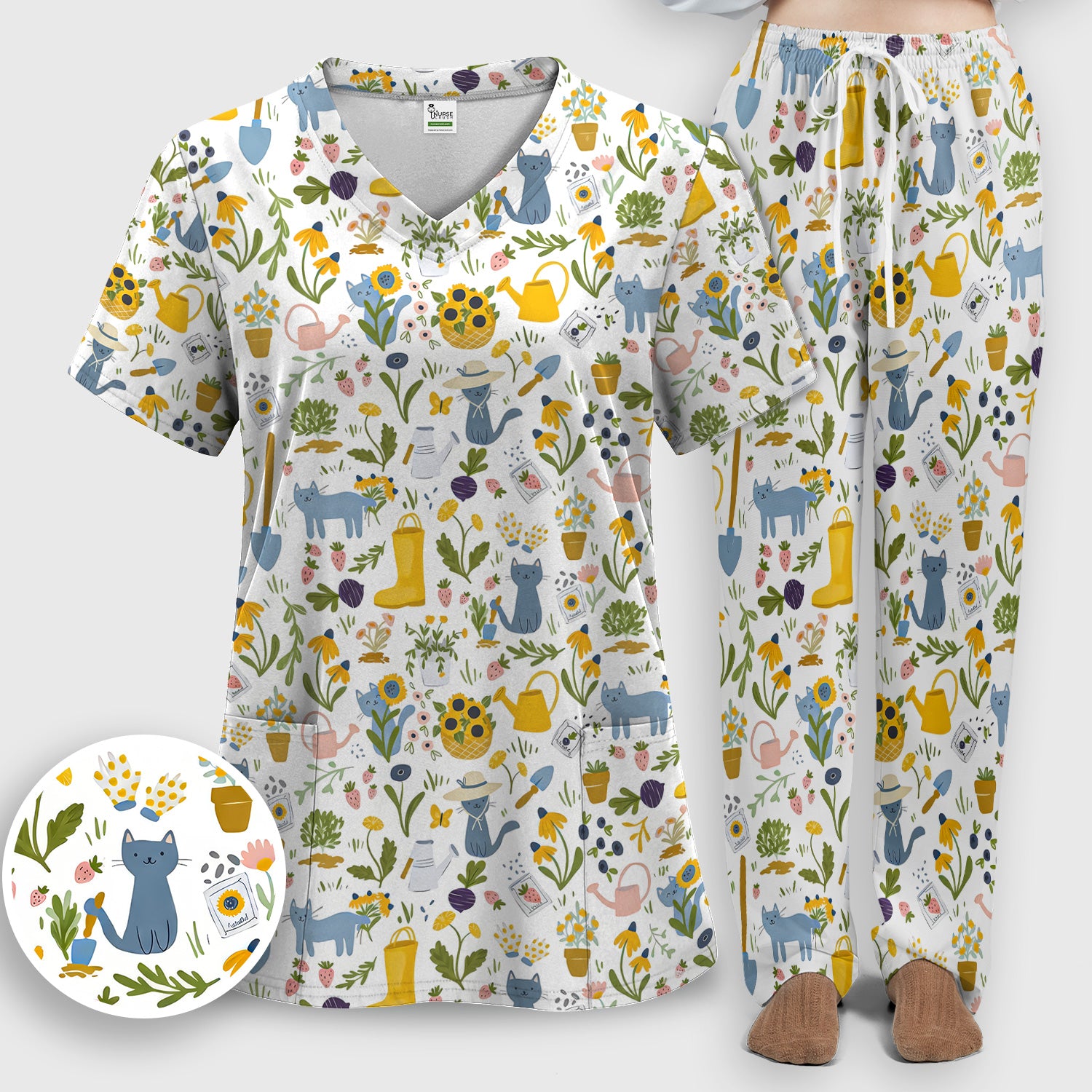 Cat Gardening Wildflower Tools Pattern Scrub Set, Scrub Pants and V Neck Top
