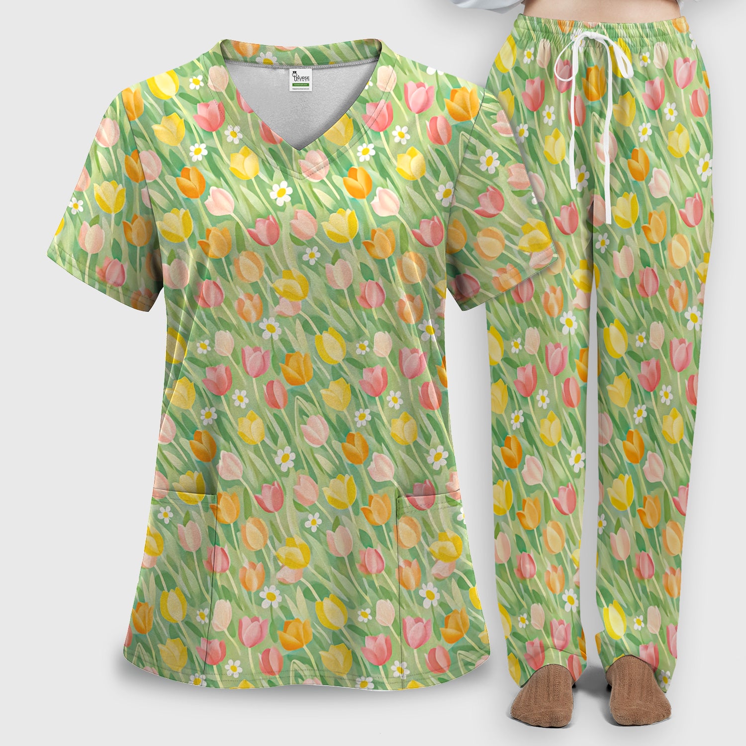 Cheerful Tulip Meadow Print Scrub Set, Women's Scrub Sets