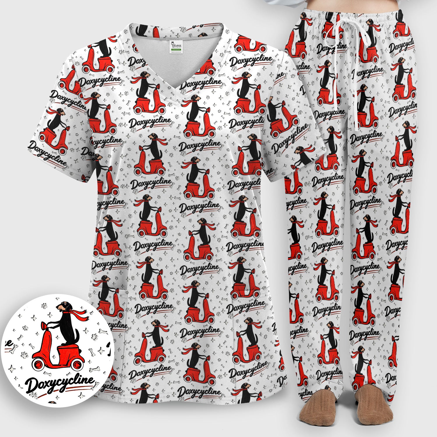 Funny Dachshund Riding Scooter Doxycycline Print Scrub Set, Breathable Med Uniform