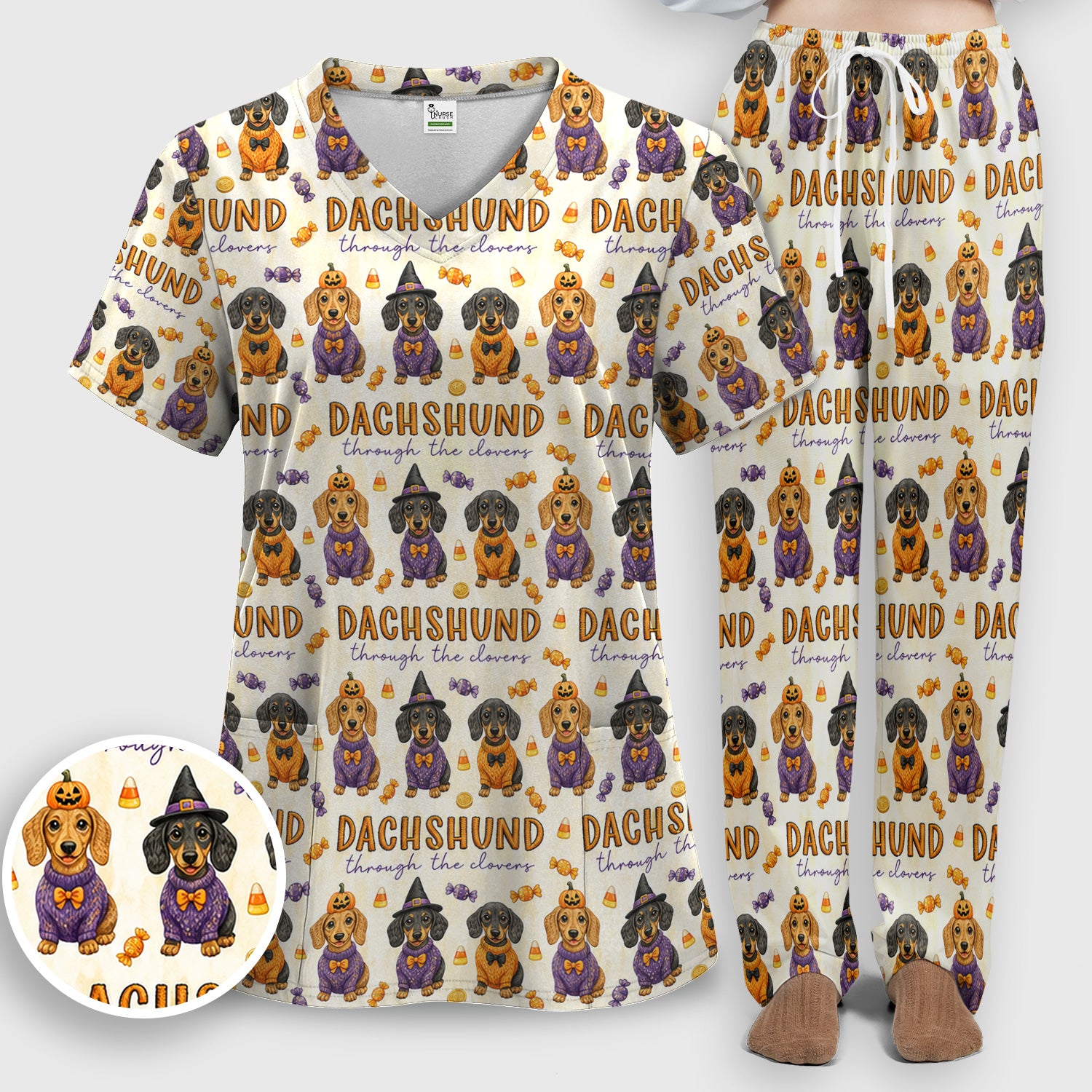 Candy Dachshund Pattern Scrub Set, Scrub Pants and V Neck Top