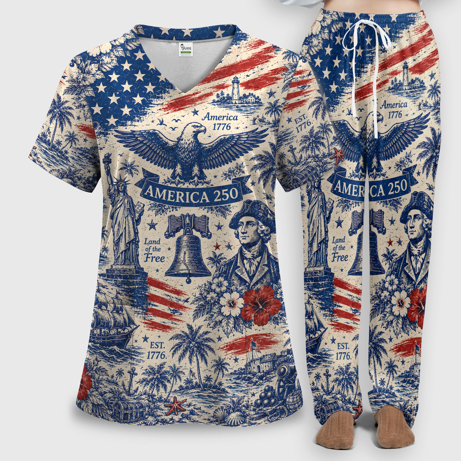 America 250 Eagle Liberty Pattern Scrub Set, Scrub Pants and V Neck Top
