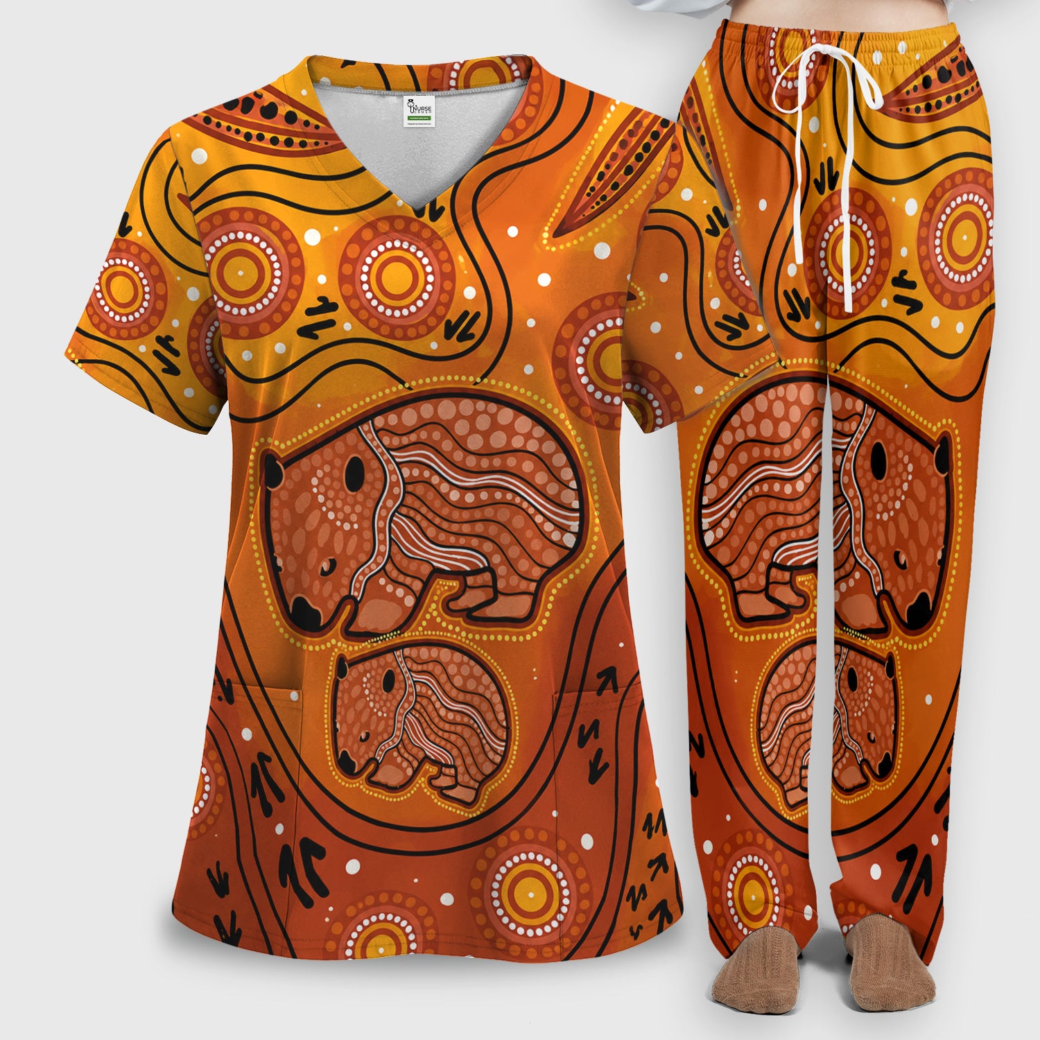 Australian Aboriginal Wombat Family Art Pattern Scrub Set, Scrub Pants and V Neck Top