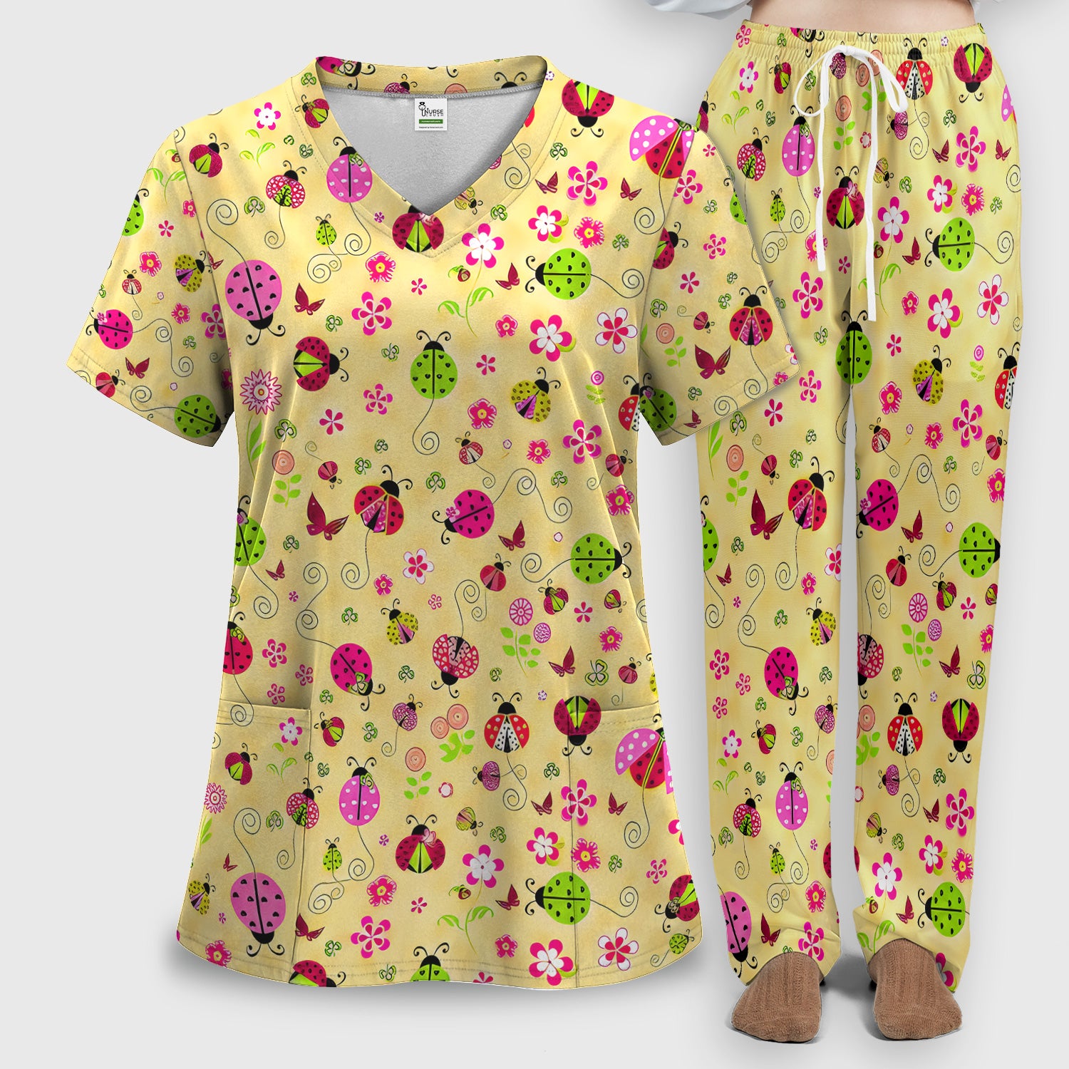 Yellow Ladybug Floral Garden Pattern Scrub Set, Scrub Pants and V Neck Top