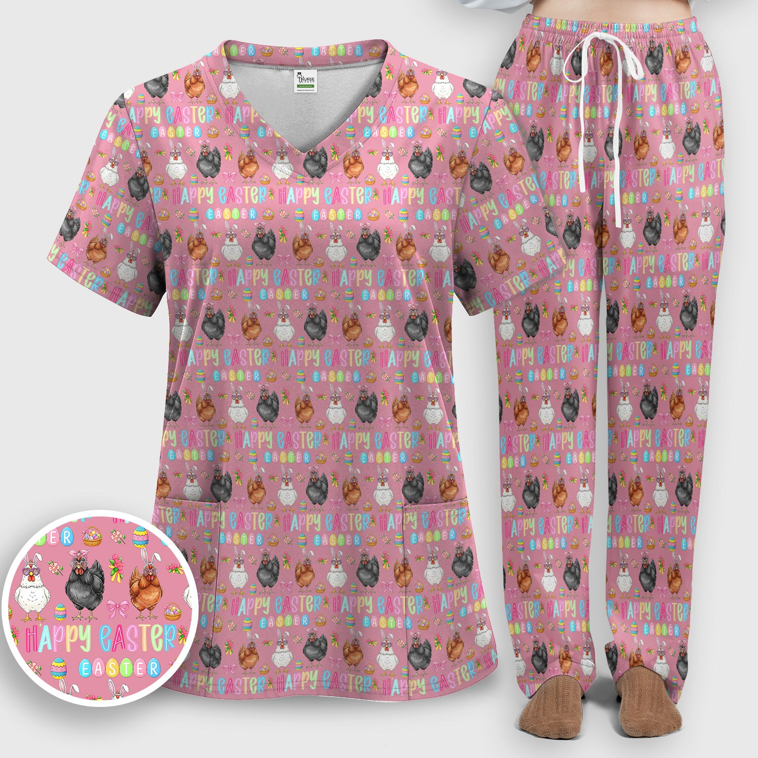 Happy Easter Bunny Eggs Pattern Scrub Sets, Scrub Pants and V Neck Top
