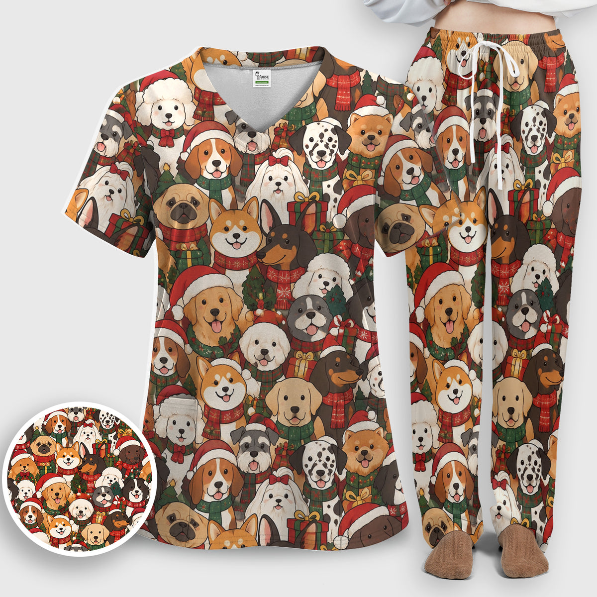 Christmas Dog Breeds Collage Pattern Scrub Set, Scrub Pants and V Neck Top