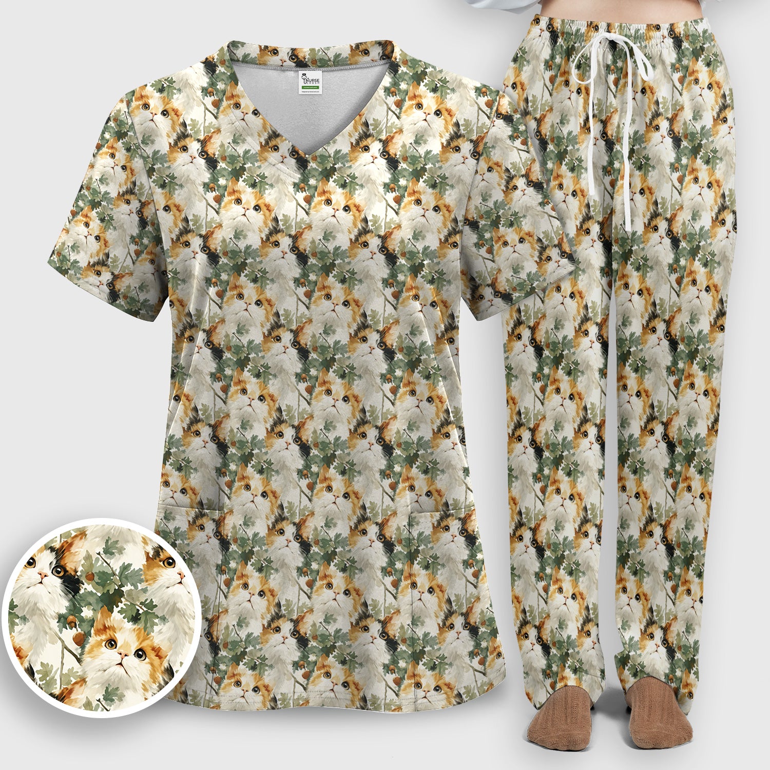 Fluffy Calico Cat Oak Leaves Pattern Scrub Set, Scrub Pants and V Neck Top