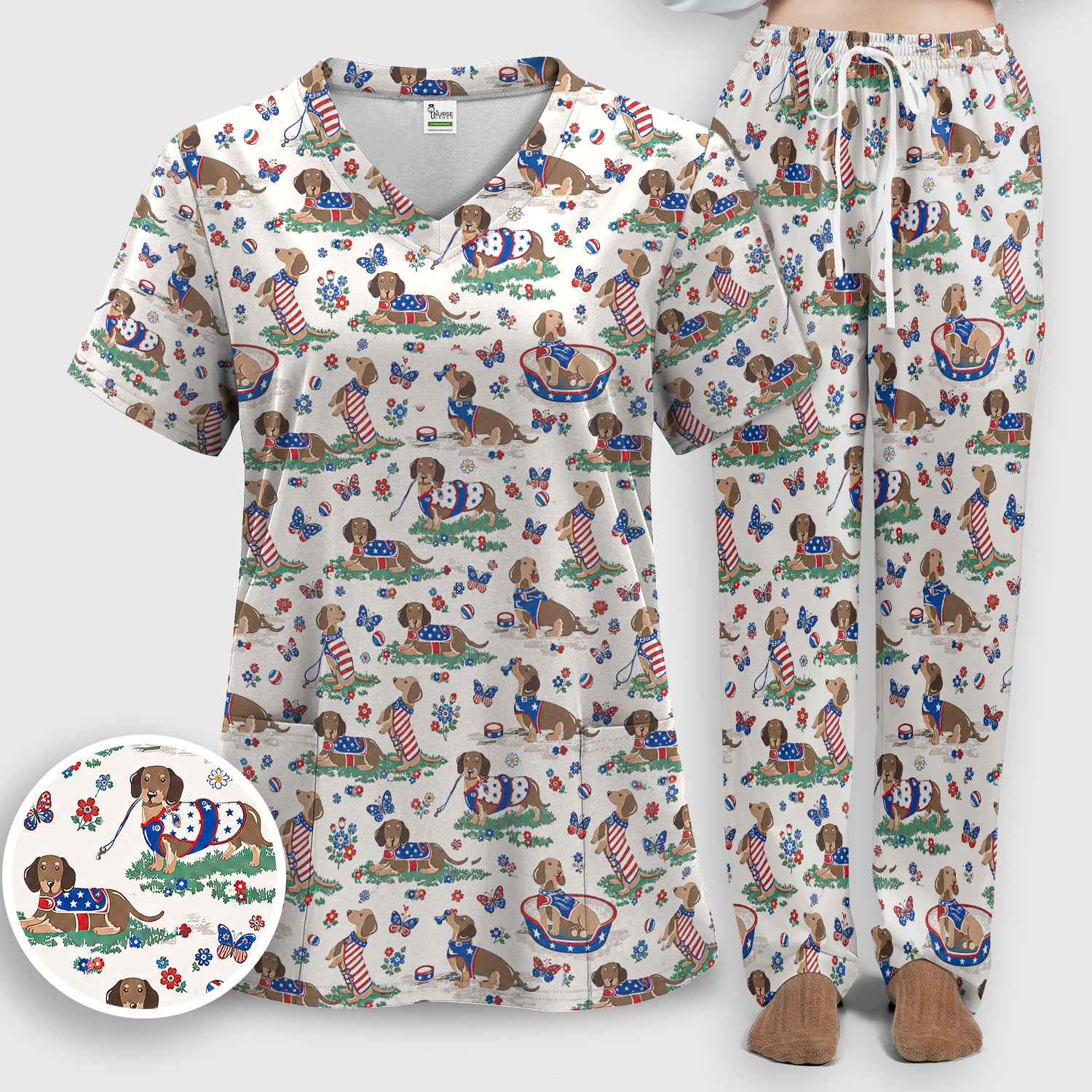 Patriotic Dachshund Garden Party Pattern Scrub Set, Scrub Pants and V Neck Top