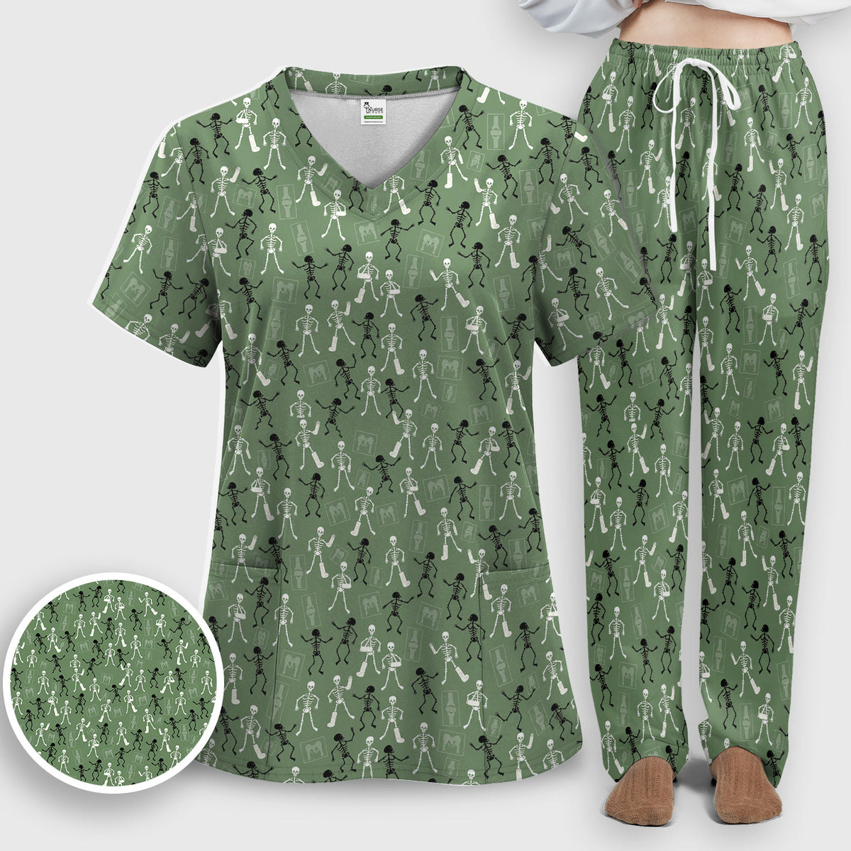 Halloween Orthopedic Skeleton Scrub Set, Scrub Pants and V Neck Top for Orthopedic Nurses