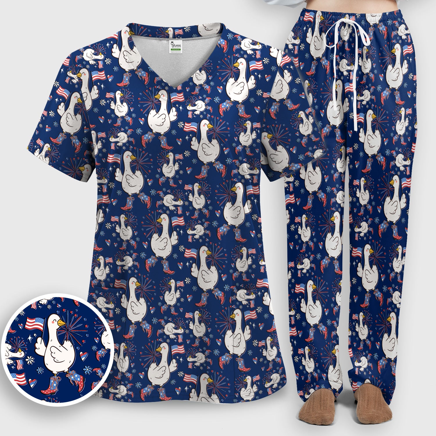 Patriotic Goose With USA Flag Fireworks Scrub Set, Breathable Fabrics Nursing Uniform