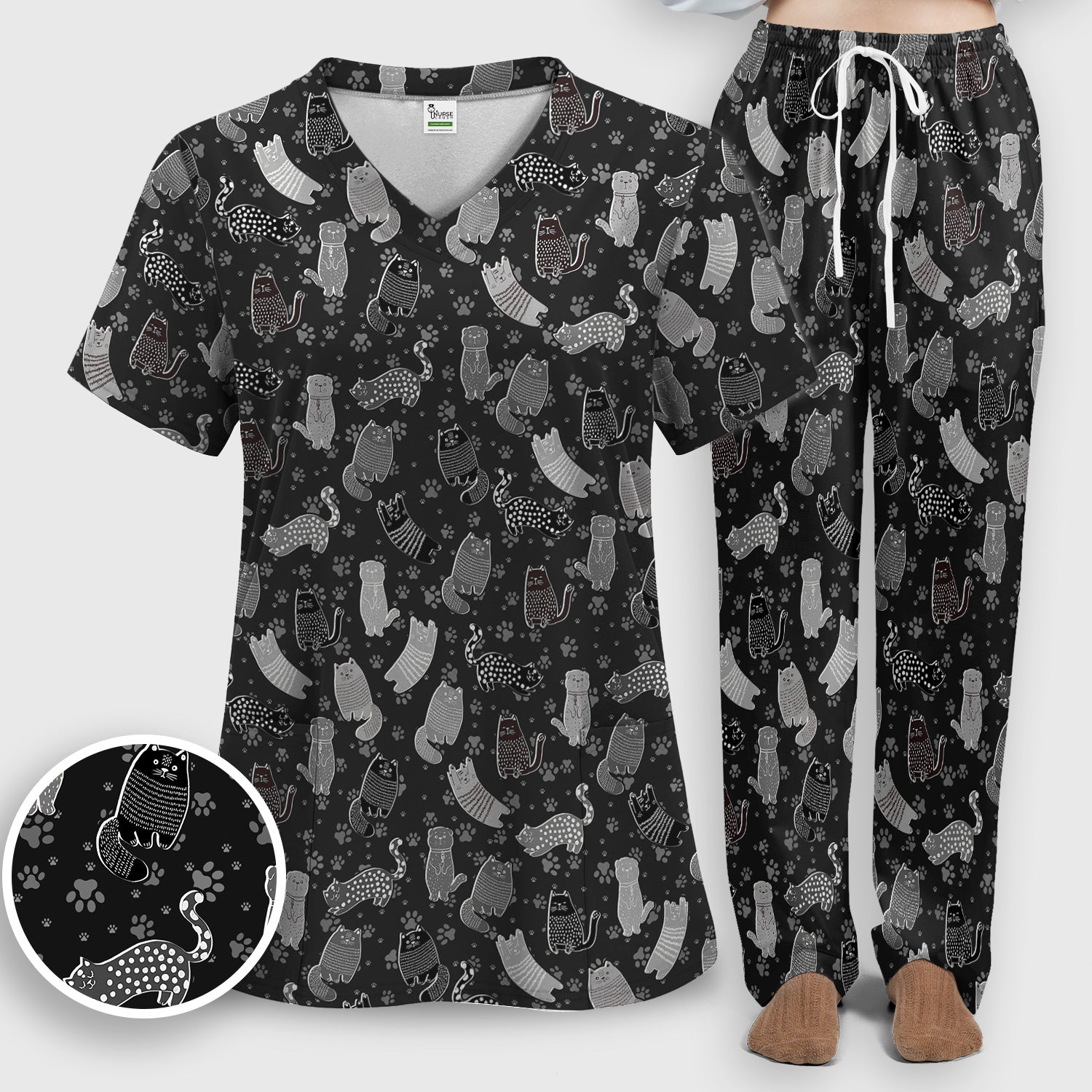Cute Cat and Paw Print Pattern Scrub Set, Breathable Med Uniform