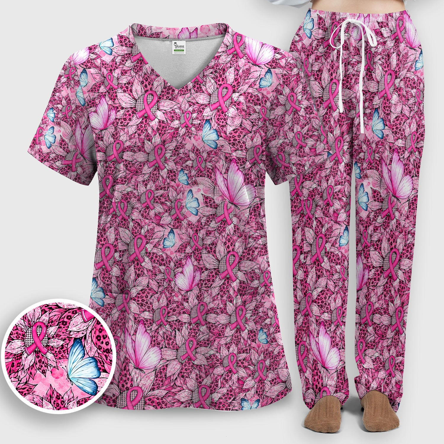 Pink Ribbon Butterfly Breast Cancer Scrub Set, Scrub Pants and V Neck Top
