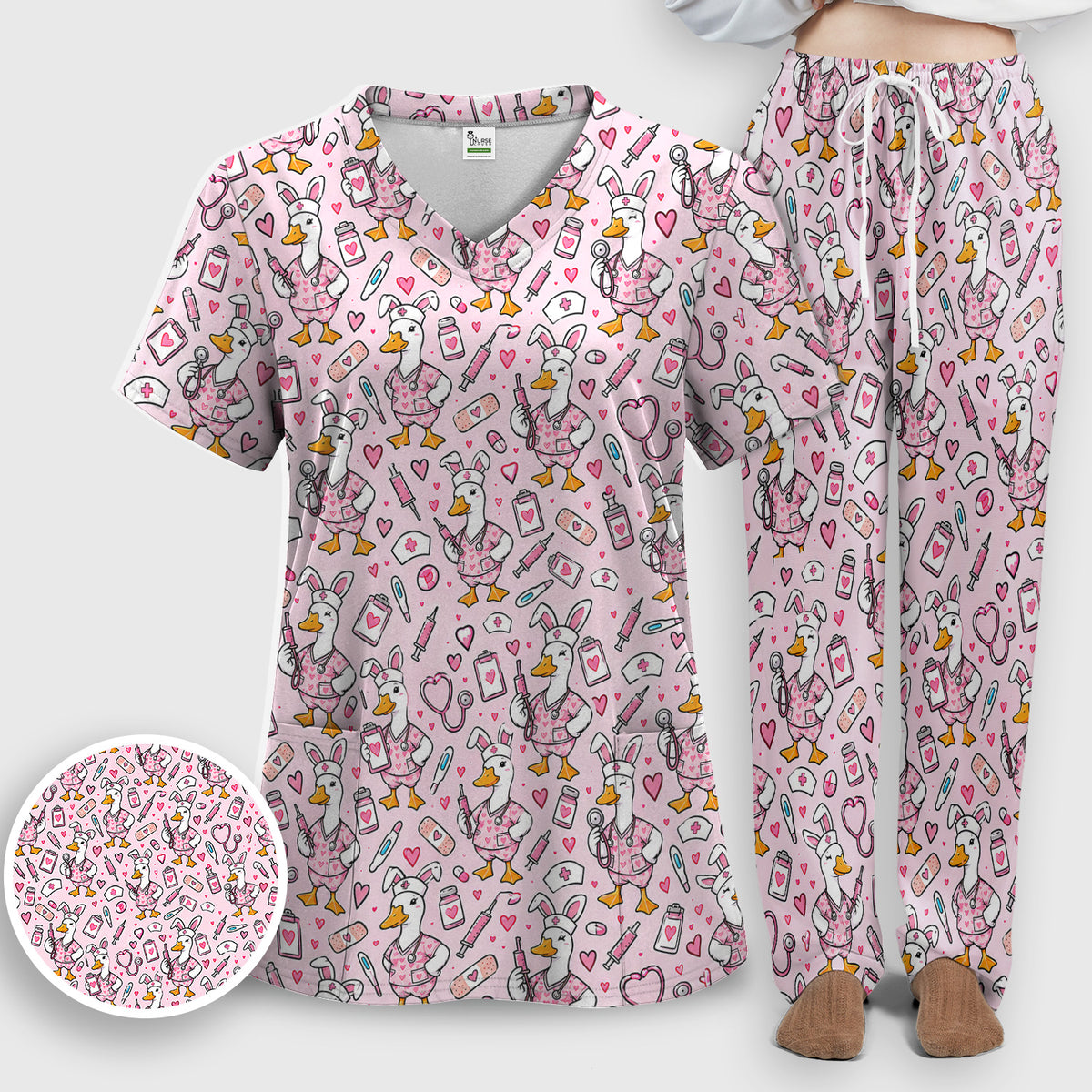 Cute Easter Goose With Bunny Ears Scrub Set, Scrub Pants and V Neck Top
