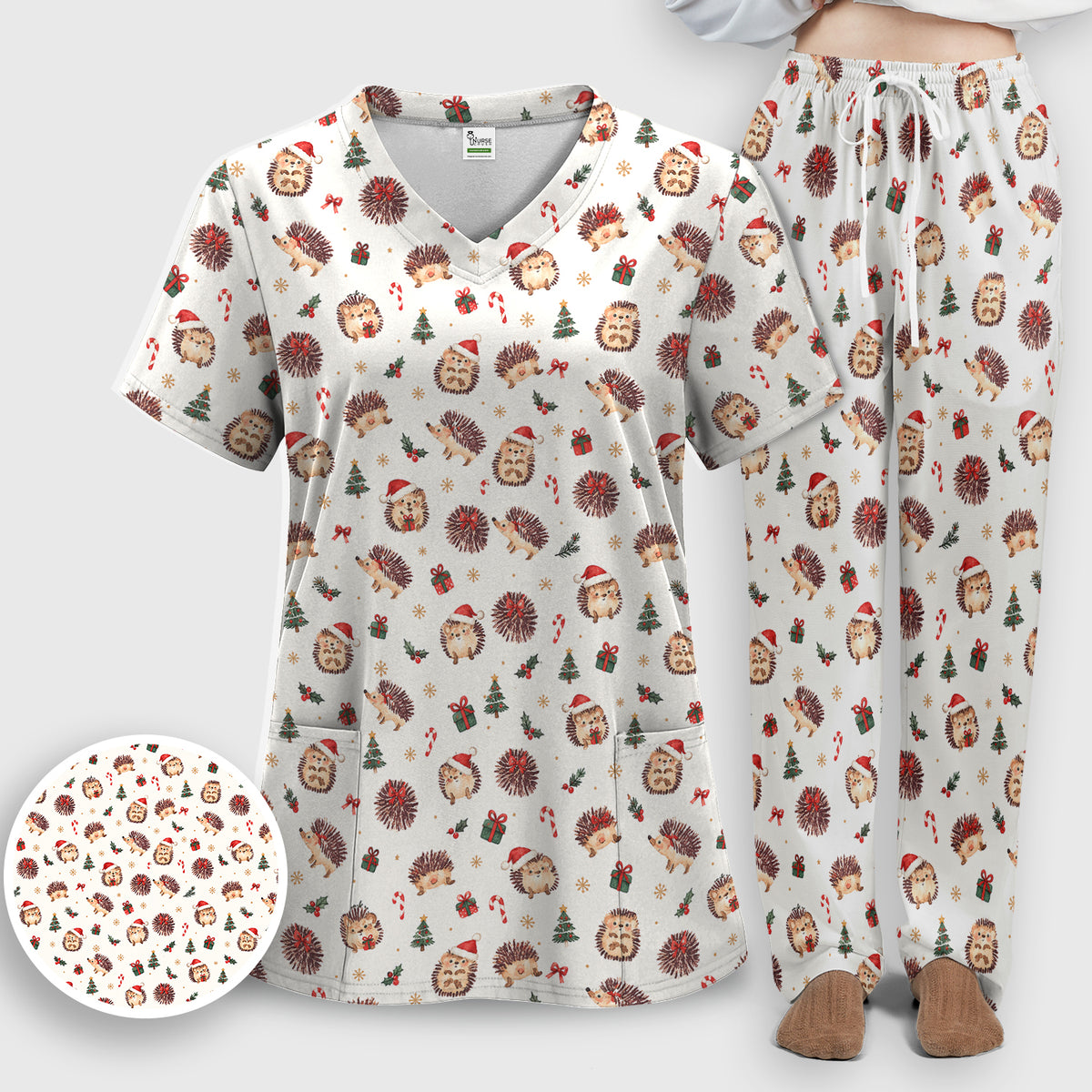 Christmas Hedgehogs And Gifts Scrub Set, Scrub Pants and V Neck Top