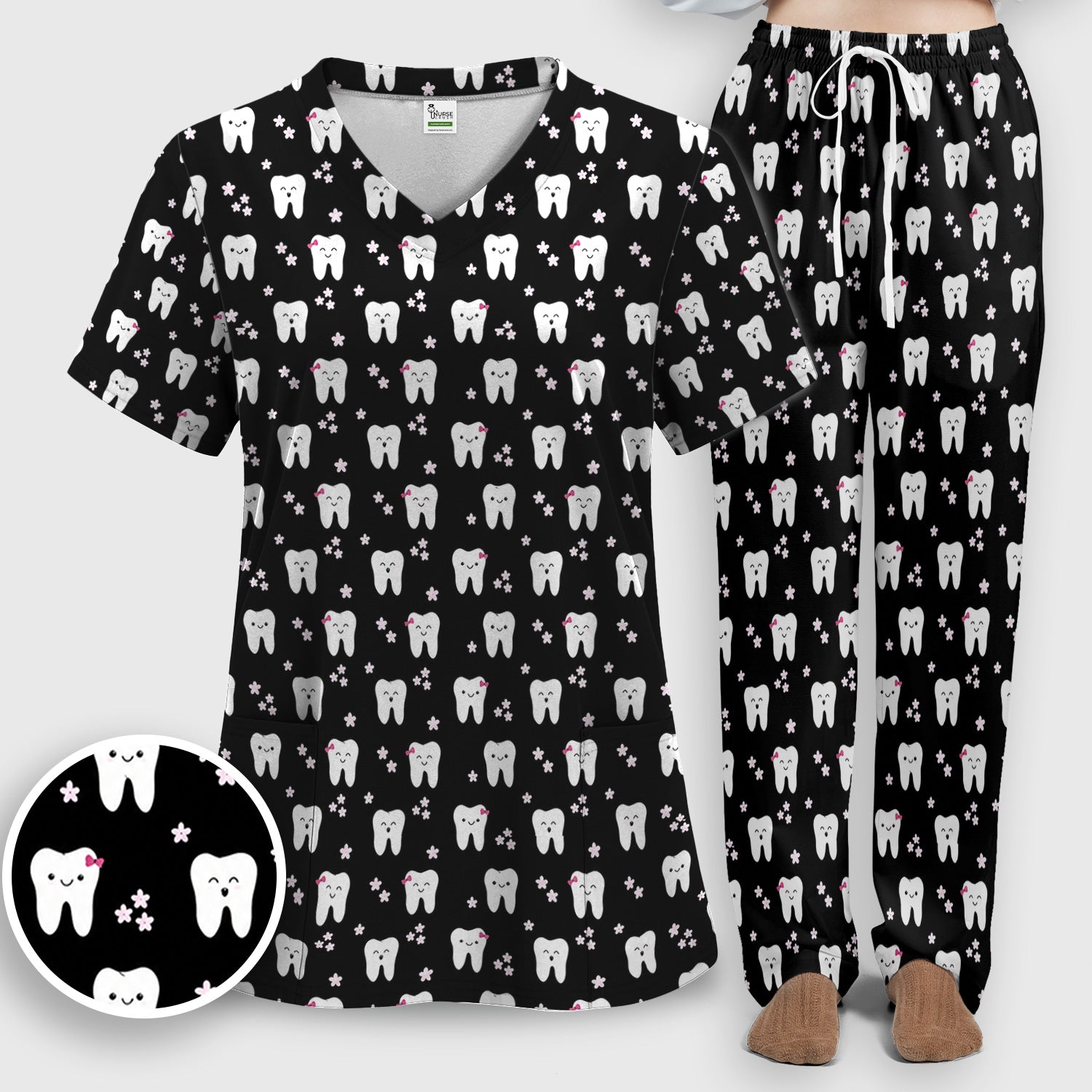 Cute Smiling Tooth And Flowers Scrub Set, Scrub Pants and V Neck Top