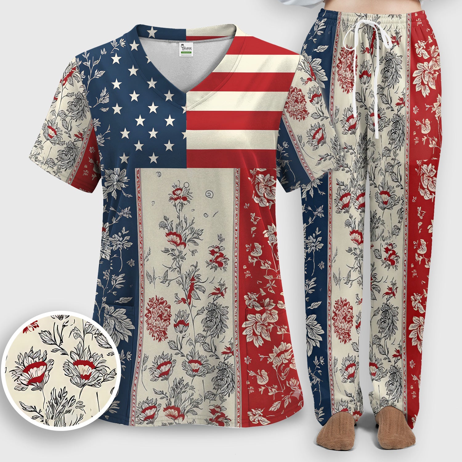 Patriotic Nurse Flag Patchwork Pattern Scrub Set, Scrub Pants and V Neck Top