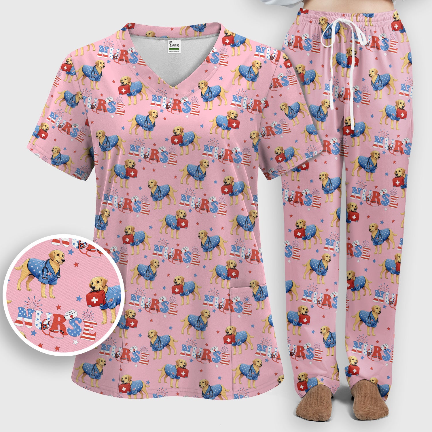 Patriotic Nurse Dog Medical Pattern Pattern Scrub Set, Women's Scrub Sets