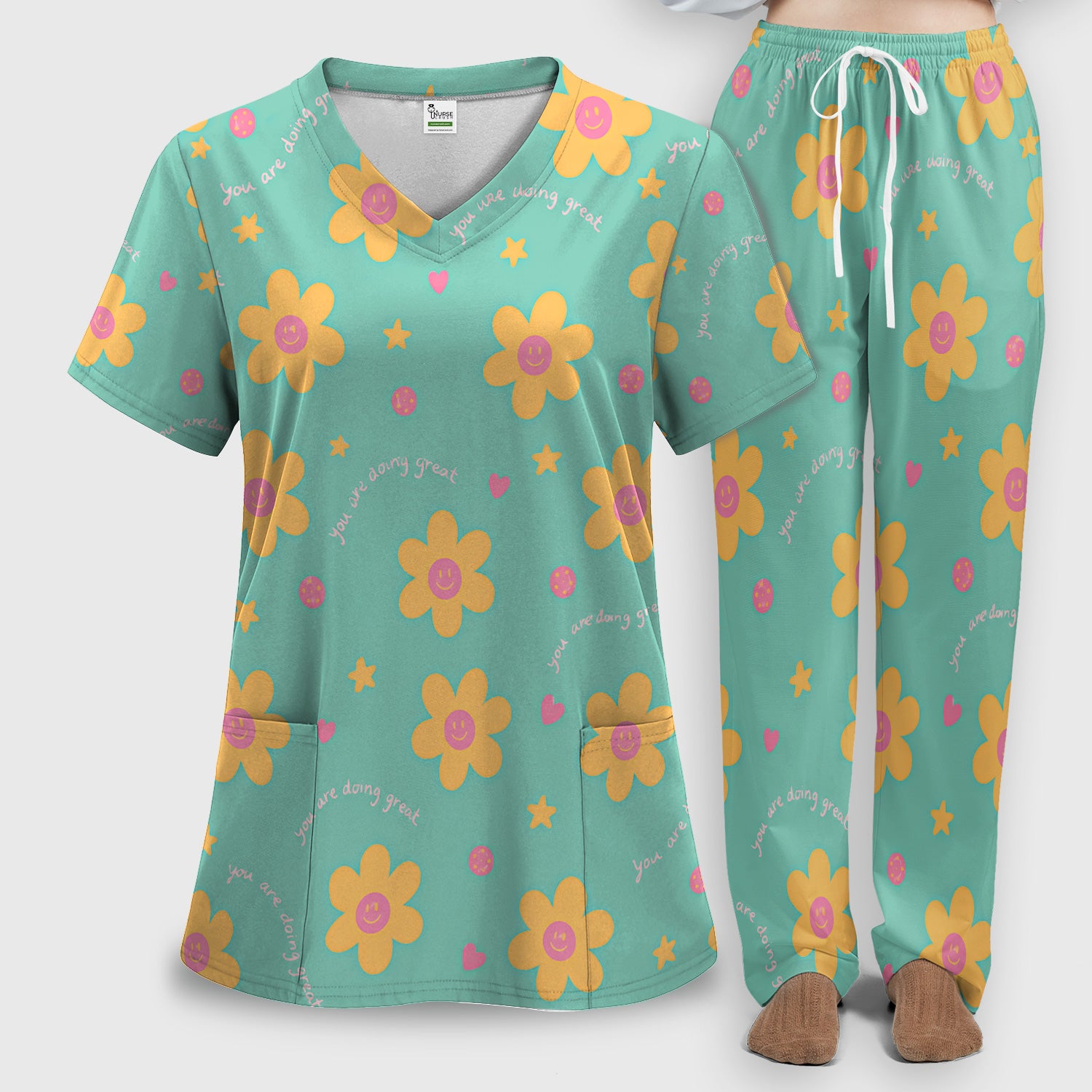 Cheerful Smiley Flower Pattern, Positive Medical Scrub Set, Scrub Pants and V Neck Top