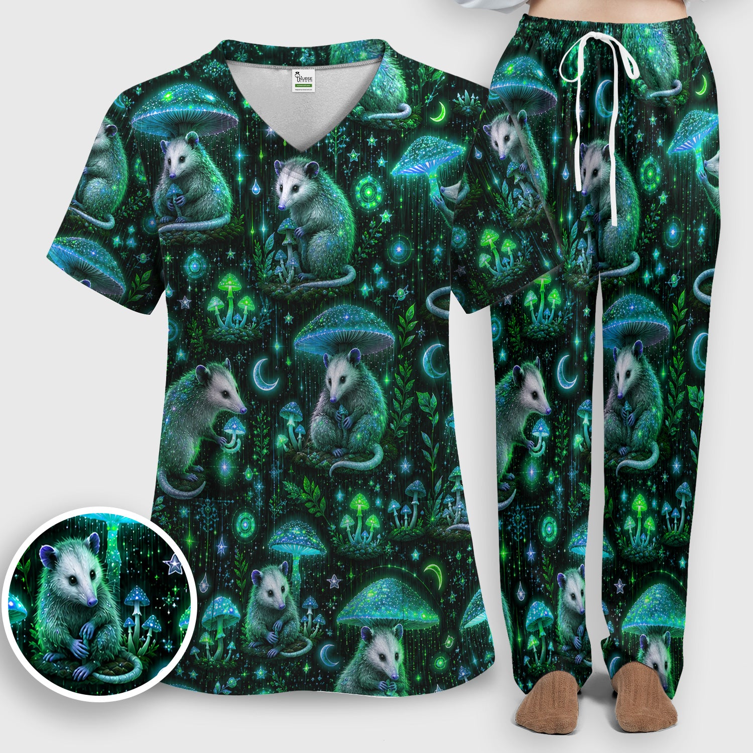Moonlit Opossum Mushroom Pattern Scrub Set, Scrub Pants and V Neck Top