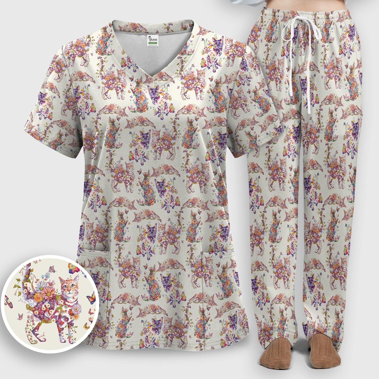 Whimsical Floral Cat Garden Pattern Scrub Set, Scrub Pants and V Neck Top