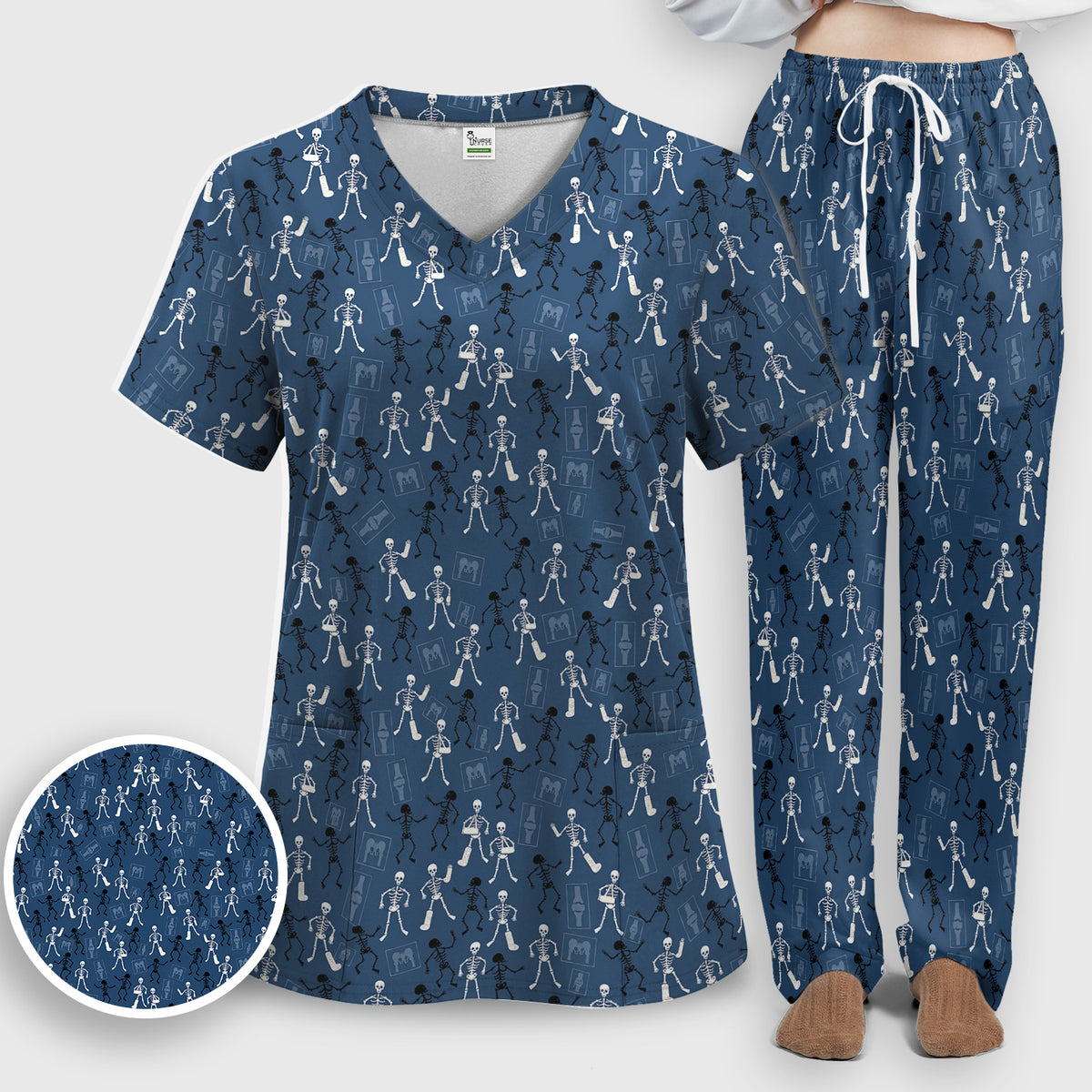 Halloween Orthopedic Skeleton Scrub Set, Scrub Pants and V Neck Top for Orthopedic Nurses