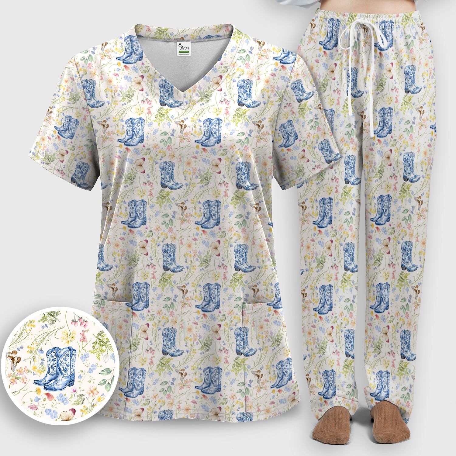 Vintage Cowboy Boots With Western Floral Scrub Set, Scrub Pants and V Neck Top