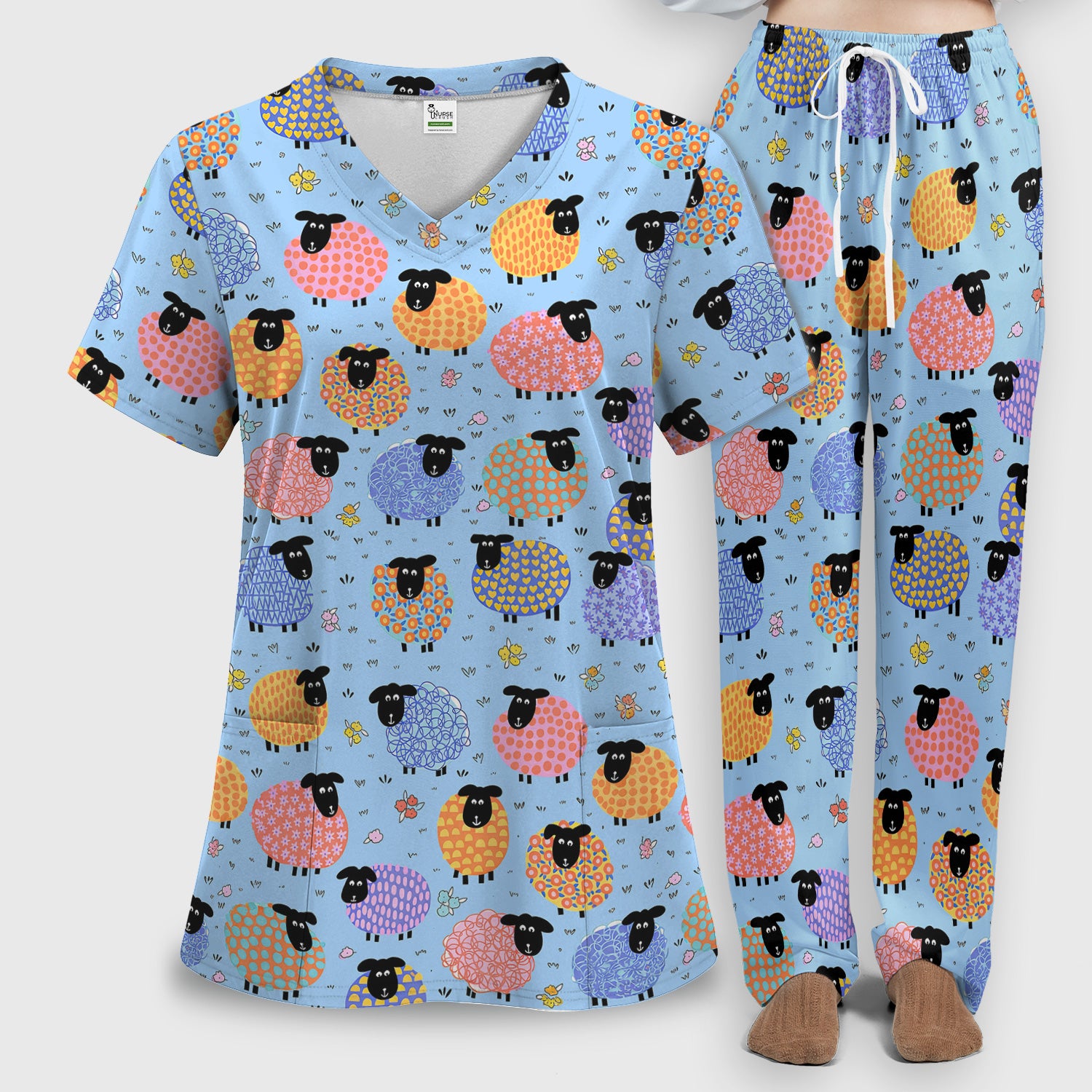 Funny Colorful Sheep Pattern Scrub Set, Scrub Pants and V Neck Top