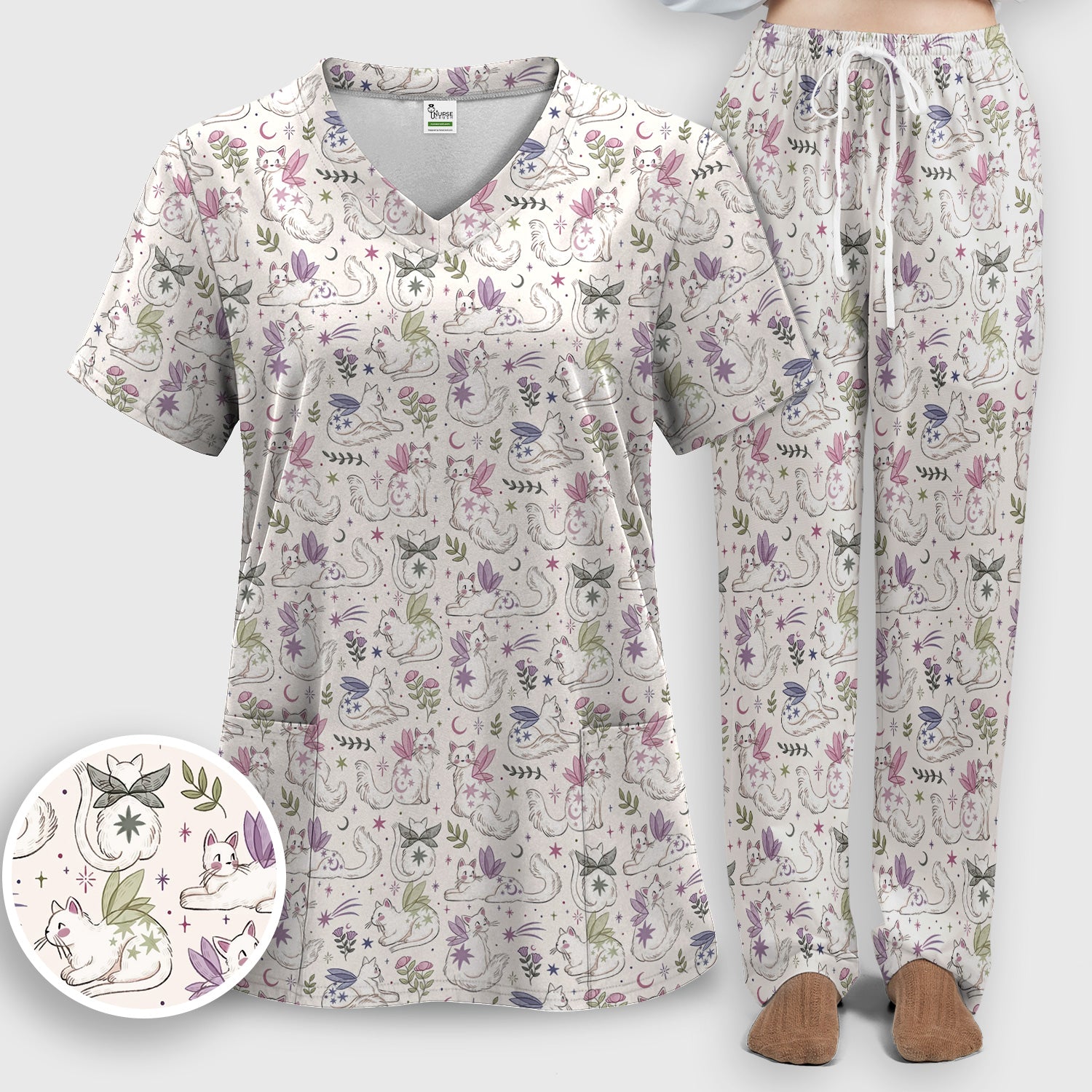 Cute Fairy Cat Moon Star Floral Pattern Scrub Set, Scrub Pants and V Neck Top
