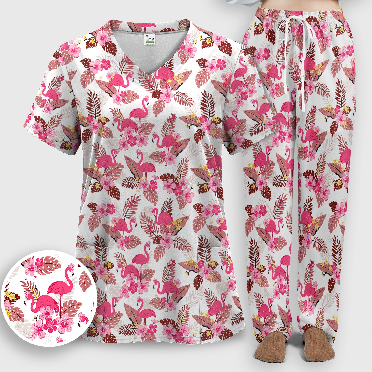 Pink Flamingo Tropical Floral Scrub Set, Scrub Pants and V Neck Top