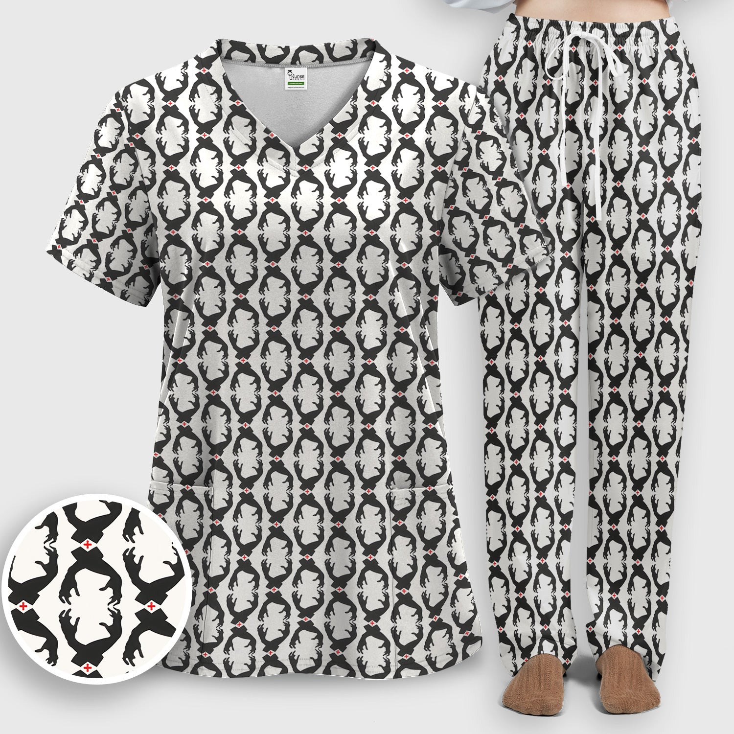 Creepy Hands Black White Red Patterns Scrub Set, Scrub Pants and V Neck Top