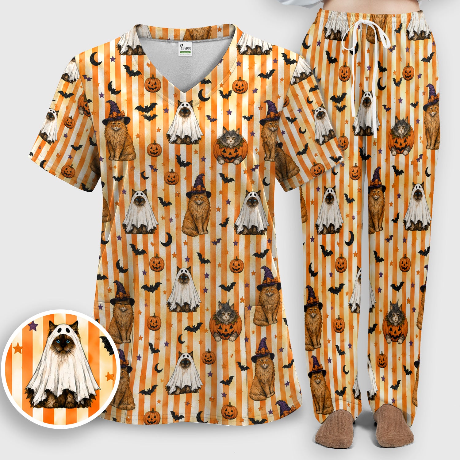 Halloween Cat Print Scrub Set, Scrub Pants and V Neck Top