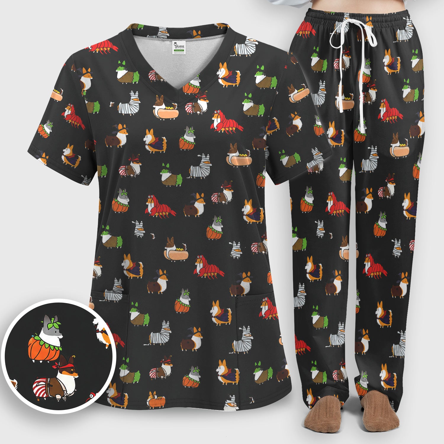 Cute Halloween Costume Corgis Scrub Set, Scrub Pants and V Neck Top