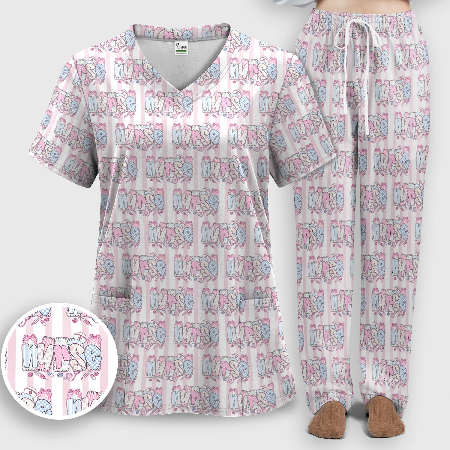 Cute Pastel Nurse Pattern Scrub Set, Scrub Pants and V Neck Top