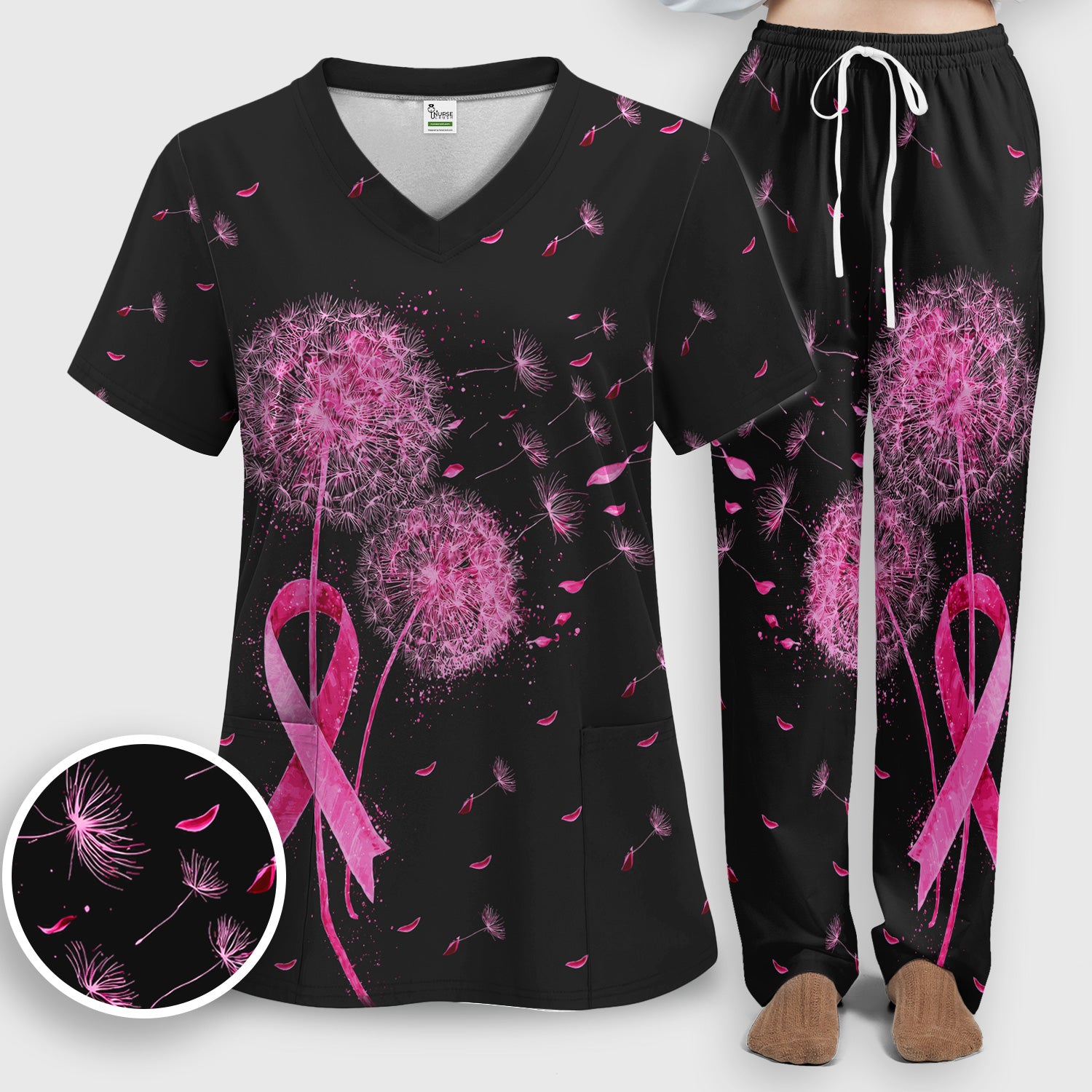 Meaningful Pink Ribbon Dandelion Scrub Set, Scrub Pants and V Neck Top