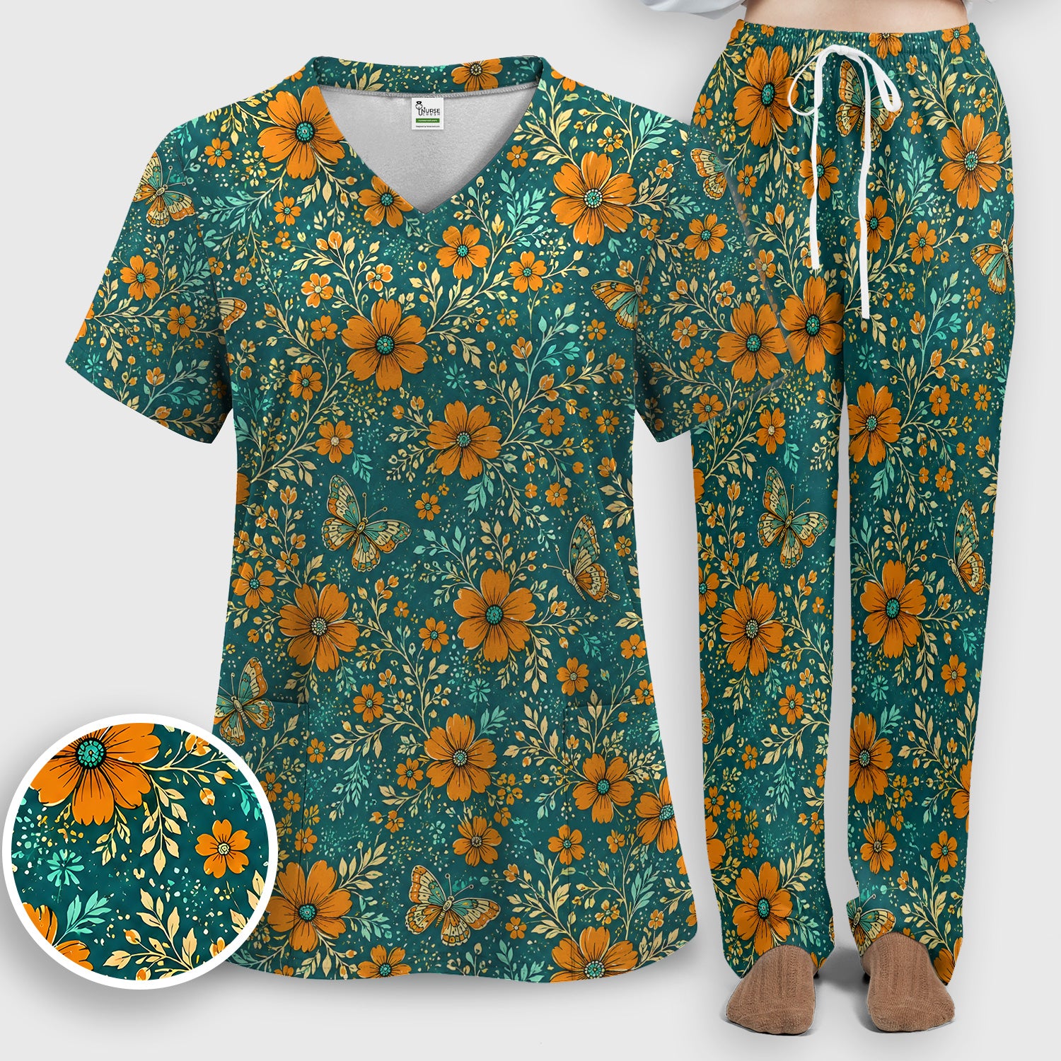 Orange Floral Butterfly Vine Pattern Scrub Set, Scrub Pants and V Neck Top