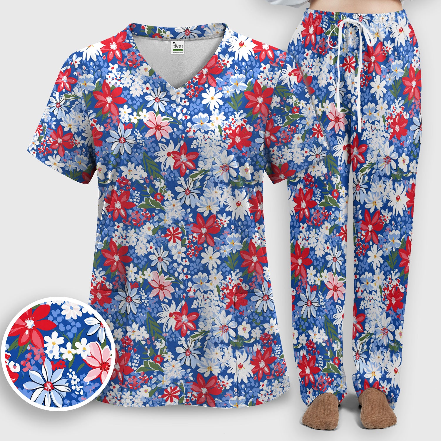 Patriotic Red White Blue Floral Garden Print Scrub Set, Scrub Pants and V Neck Top