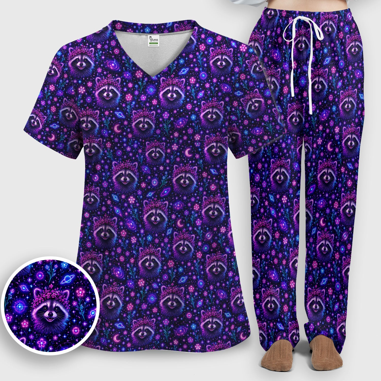 Galaxy Raccoon Nurse Pattern Scrub Set, Scrub Pants and V Neck Top