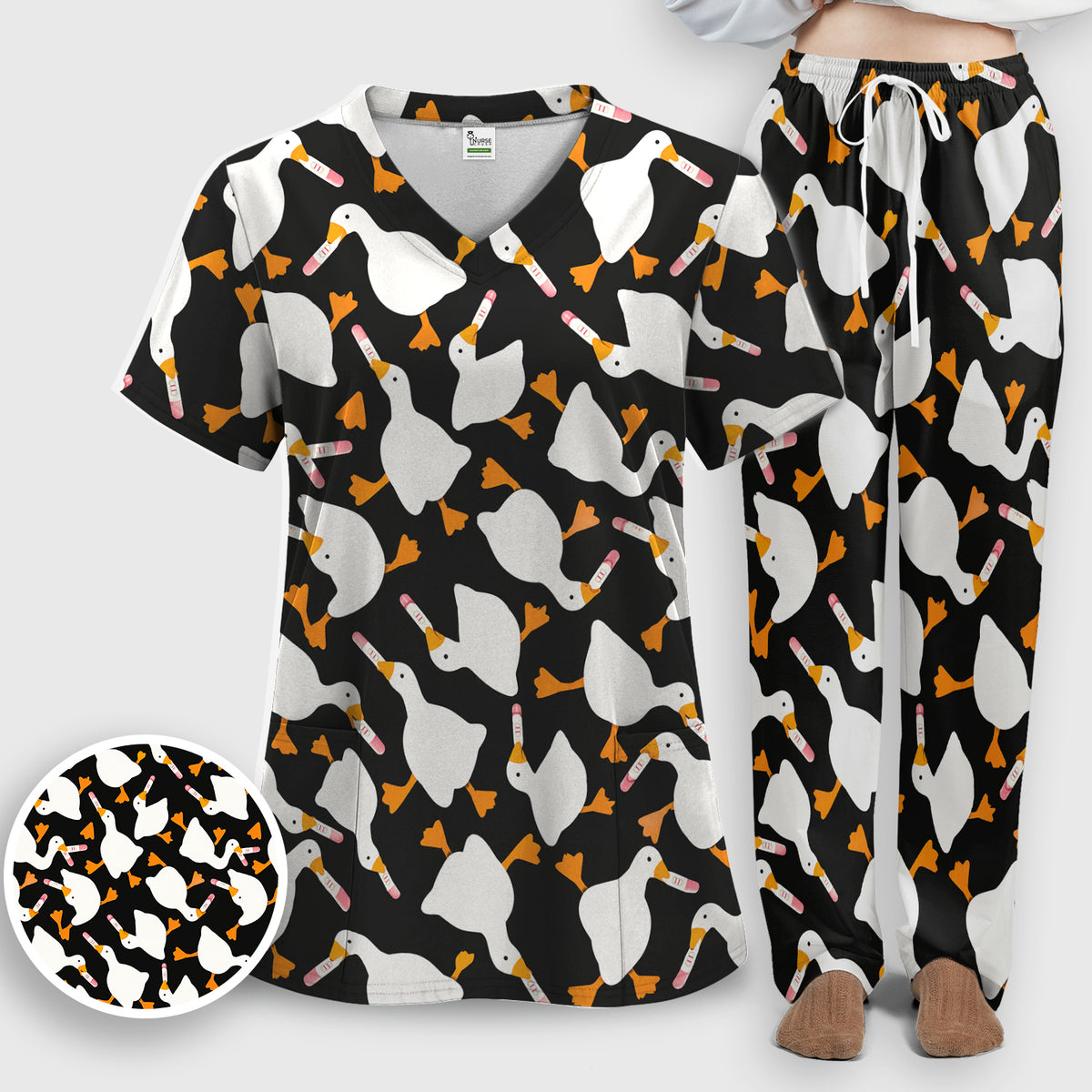 Funny Geese Holding Pregnancy Test Scrub Set, Scrub Pants and V Neck Top