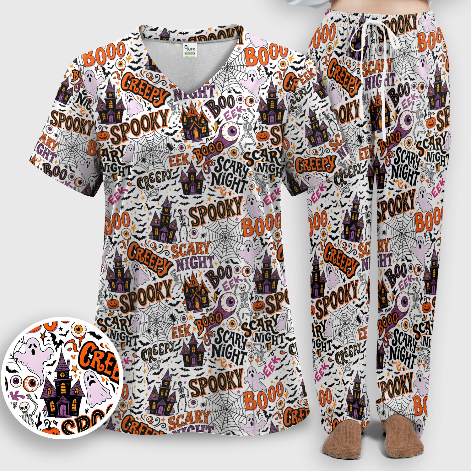 Spooky Halloween Haunted House Typography Scrub Set, Scrub Pants and V Neck Top