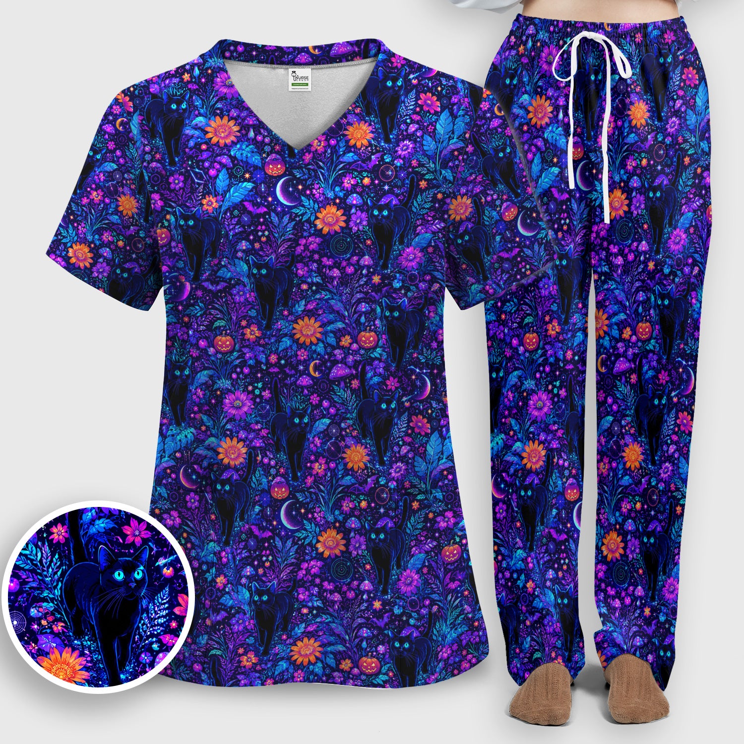 Halloween Black Cat Floral Print Scrub Set, Scrub Pants and V Neck Top