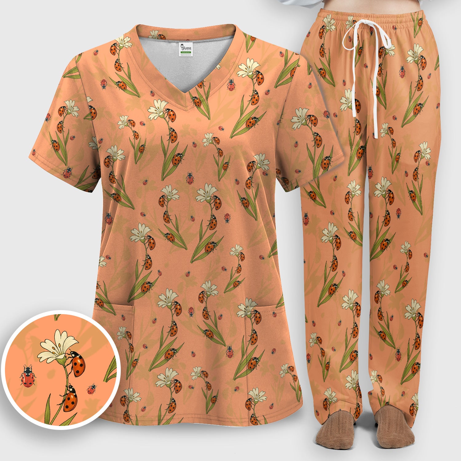 Fresh Daisy Ladybug Garden Pattern Scrub Set, Nurse Uniform Scrubs Set